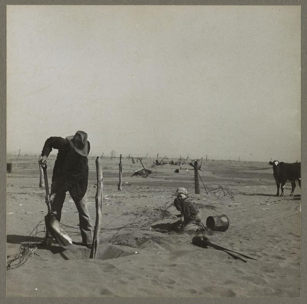 Plains farmer raises fence to prevent it from disappearing under sand.farmer