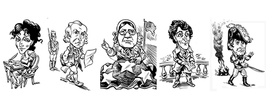 Cartoon drawings of famous figures from American history, by Tom Chalkley