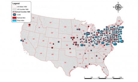 A U.S. demographic map highlighting the census data of unofficial railroad workers employed in undocumented "shops."