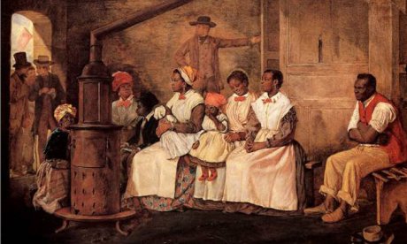 Painting of a slave family waiting to be sold