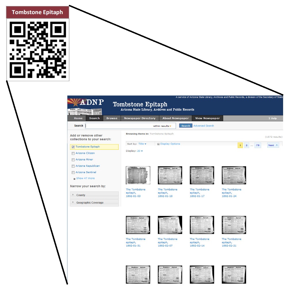 Screenshot of the Arizona Digital Newspaper Project and how it is interfaced with QR codes.