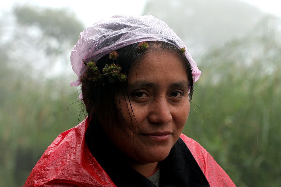 Woman demonstrates the meaning of the Nahuat name for a burr plant