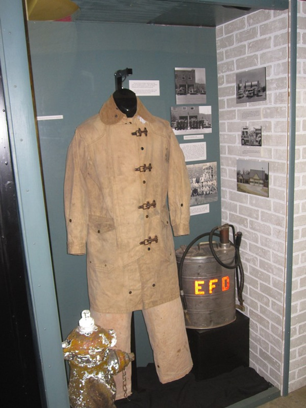 Edmond’s first fire hydrant along with an early fire suit and equipment used by