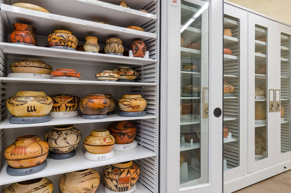 Hopi ceramics in visible storage cabinets