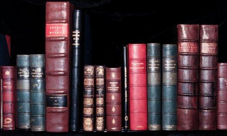 Colorful, leatherbound spines of some of Jefferson's books.