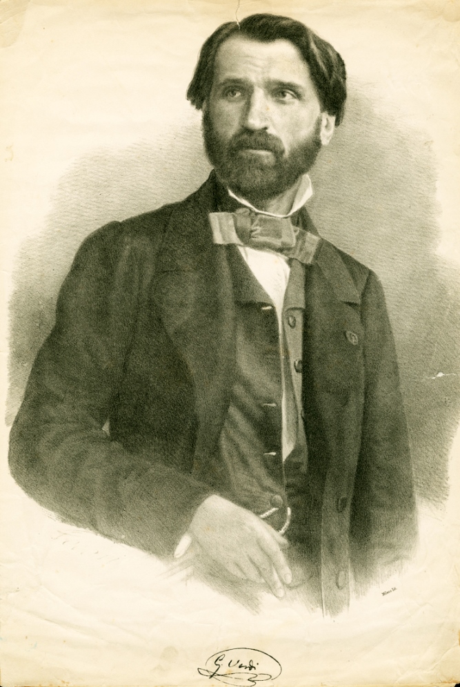 Youthful, bearded Verdi, in a dark suit and tie