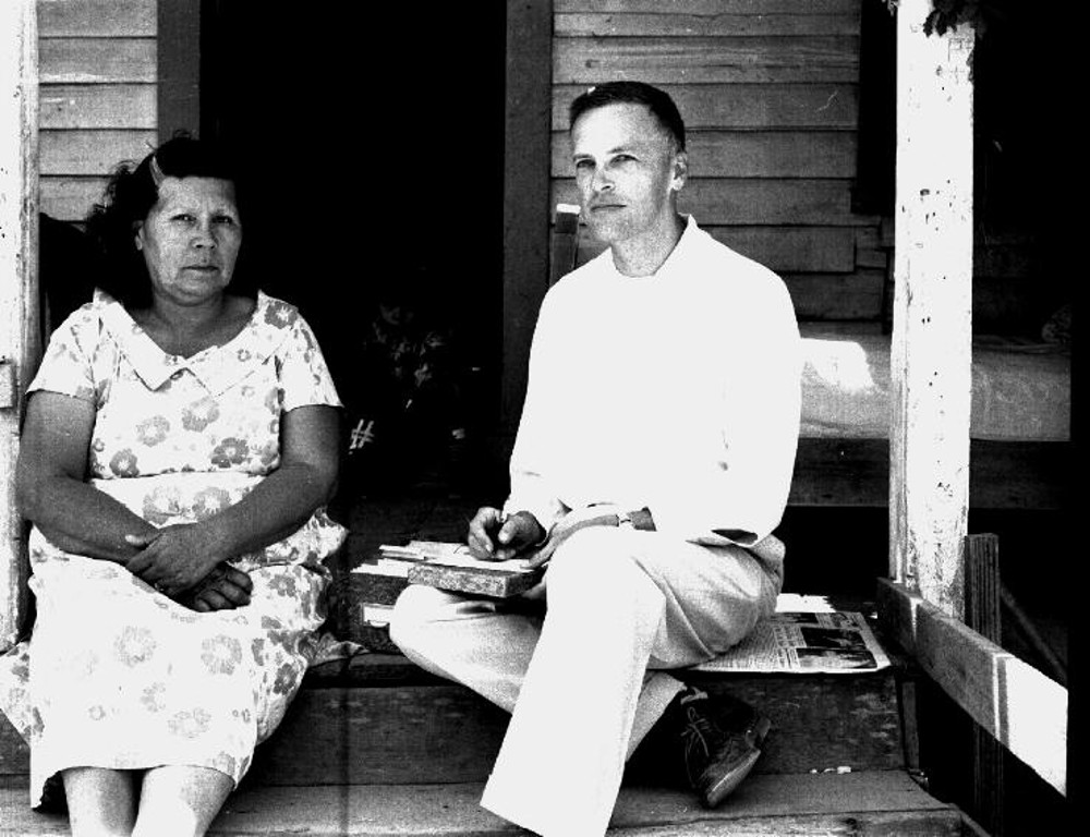 Essie Parrish and Robert Oswalt working to document Kashaya Pomo, 1960.