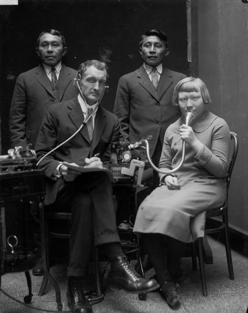 J. P. Harrington and Tule Indians pictured with language recording equipment.