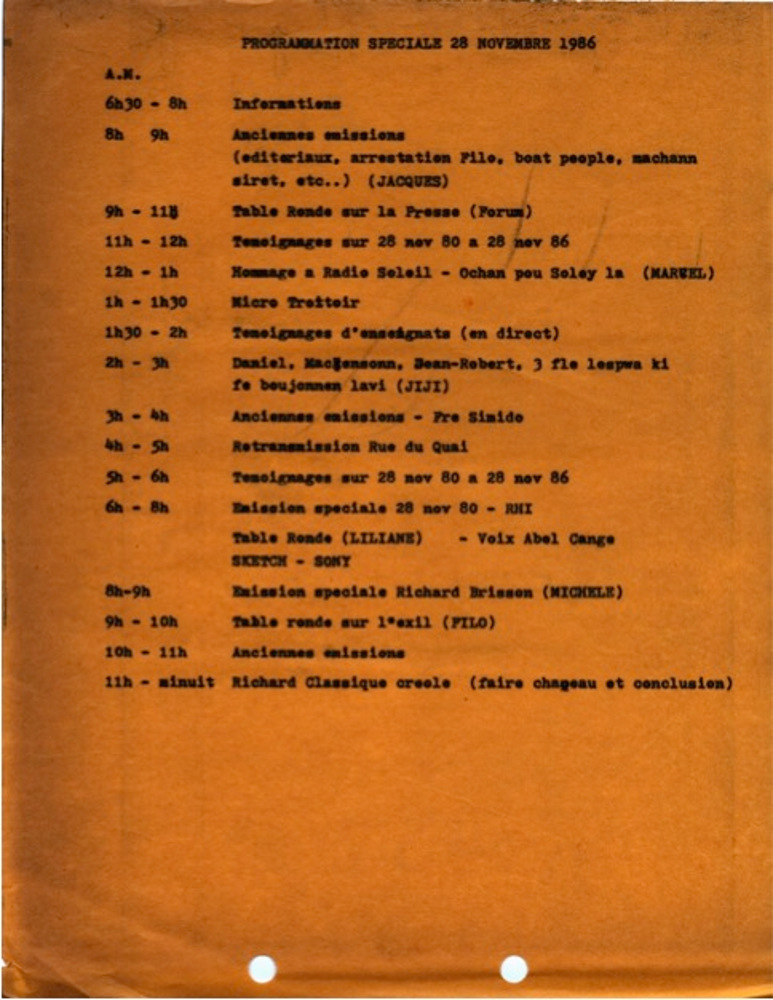 Radio Haiti's programming from November 28, 1986.