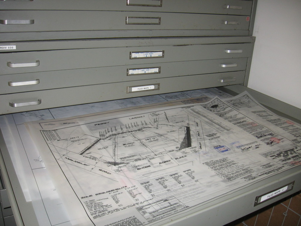 Mylar site plans from Brick, New Jersey, in flat file file drawers