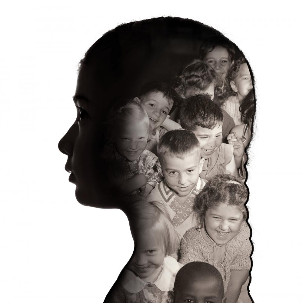 silhouette of a woman, with photos of children superimposed on top of the silhouette