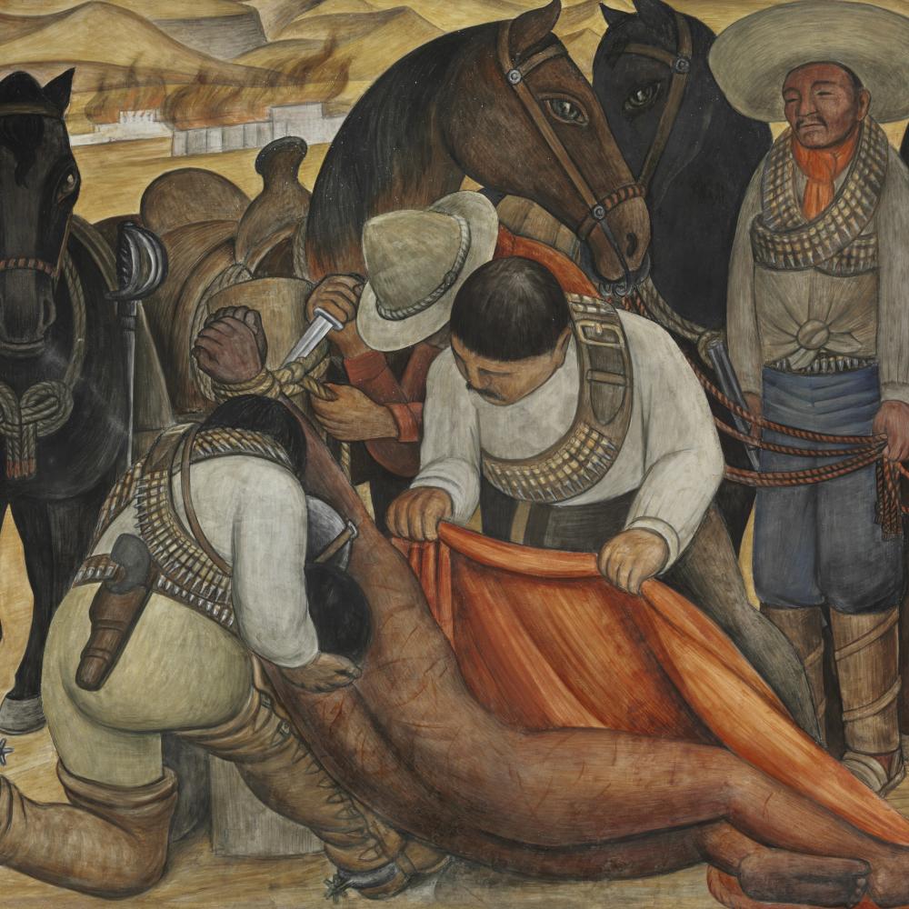 Liberation of the Peon, Diego Rivera, depicting three men picking up a naked figure off the ground, loading him onto horses