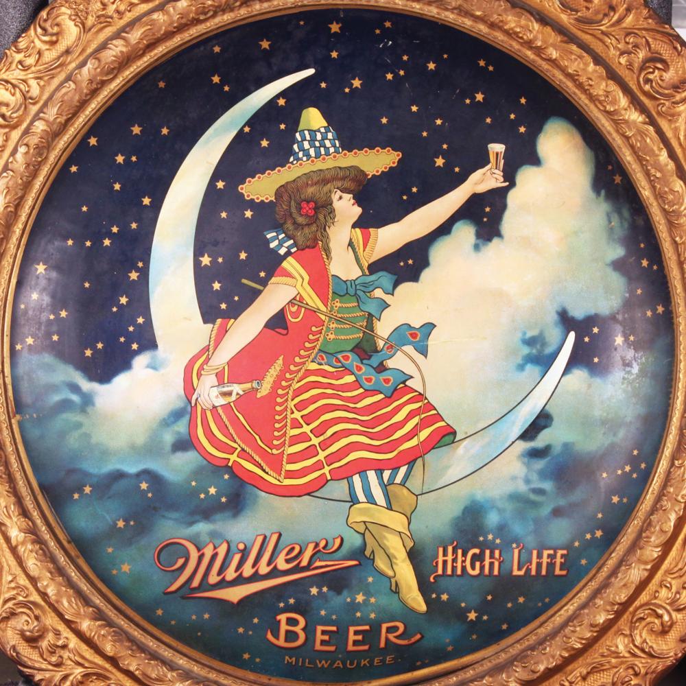 1907 Miller High Life lithograph, depicting a girl in a striped dress, sitting on a crescent moon, holding a glass of beer