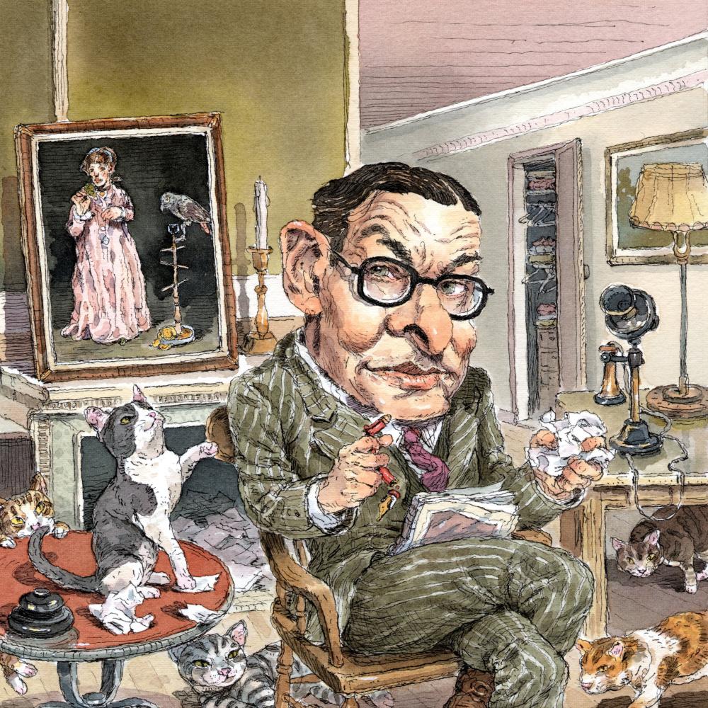 Illustration of T.S. Eliot by John Cuneo; the poet wears a green suit and glasses and is seated in a room with cats and crumpled papers
