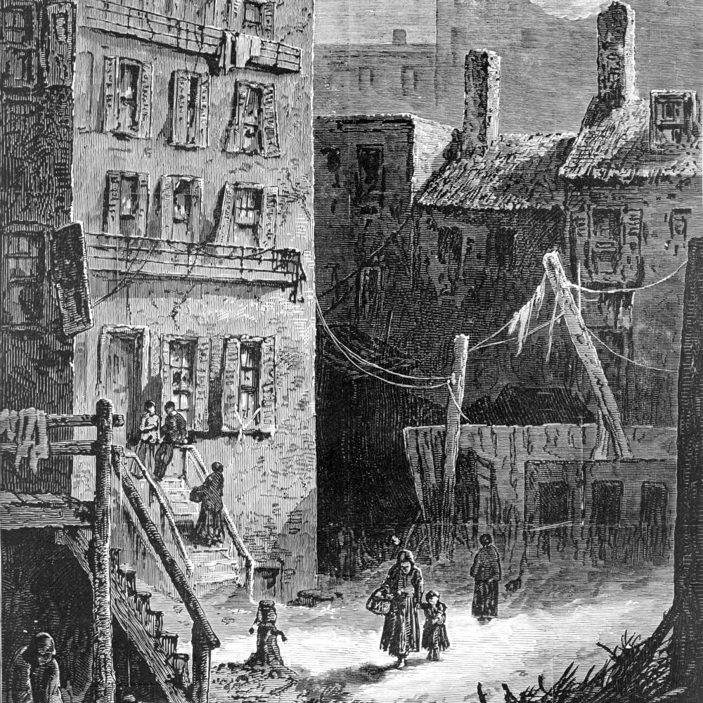 Newspaper illustration of impoverished people surrounding by buildings