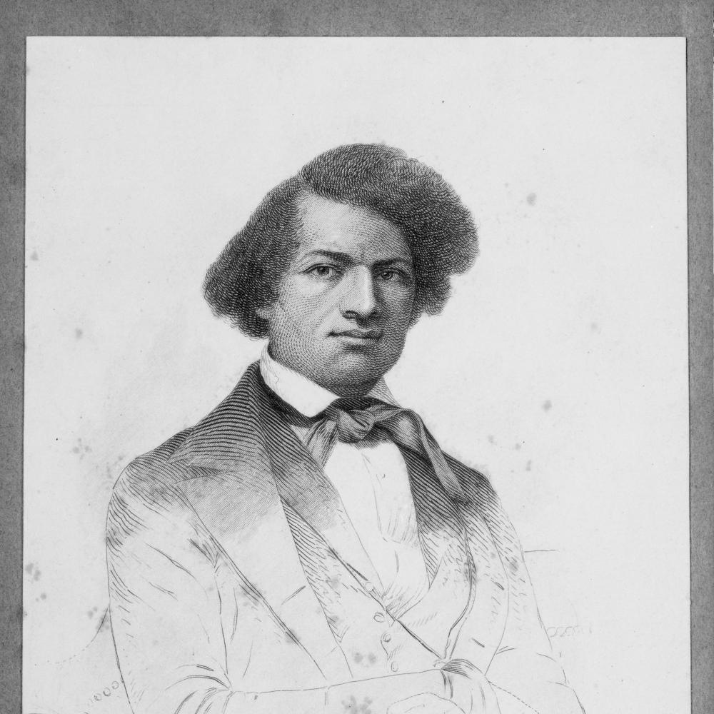 Black and white portrait of Frederick Douglass