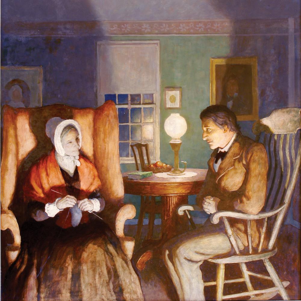 Painting of a woman knitting, sitting across from a man