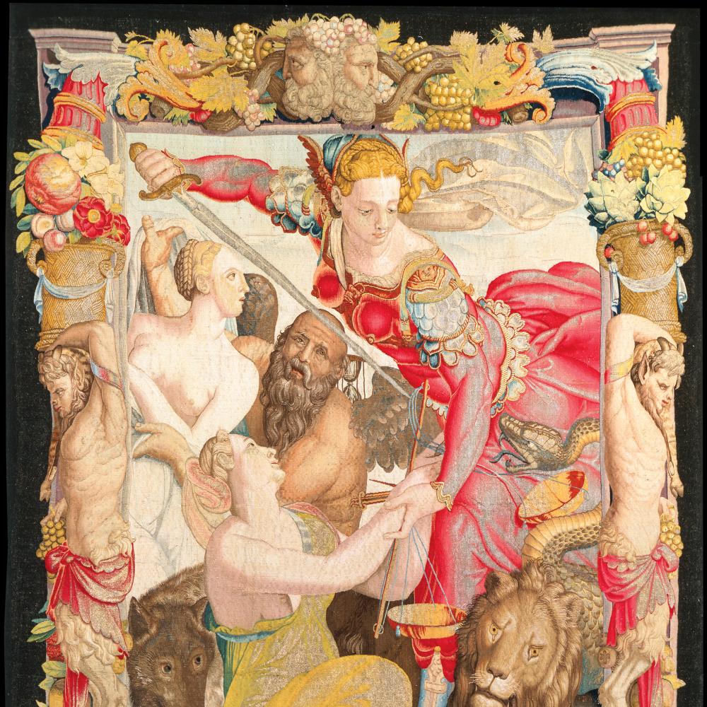 A colorful tapestry depicting a woman as innocence, the virtue, and surrounded by other symbolic figures.