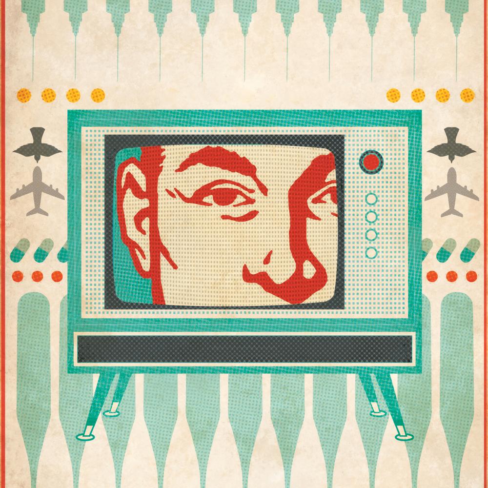 A color image showing a television with a man staring back through the screen.