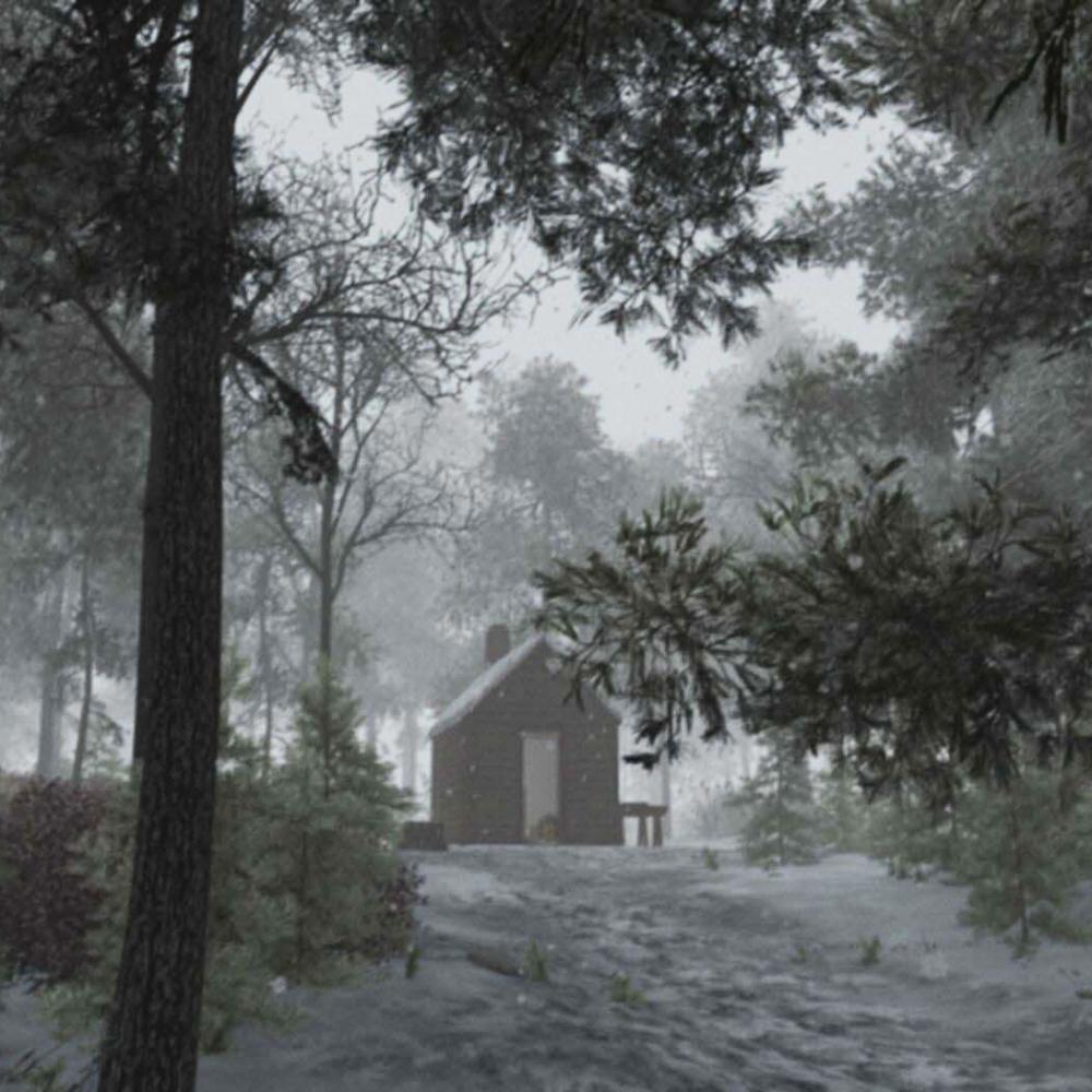 Landscape photo of Henry David Thoreau's cabin in the woods