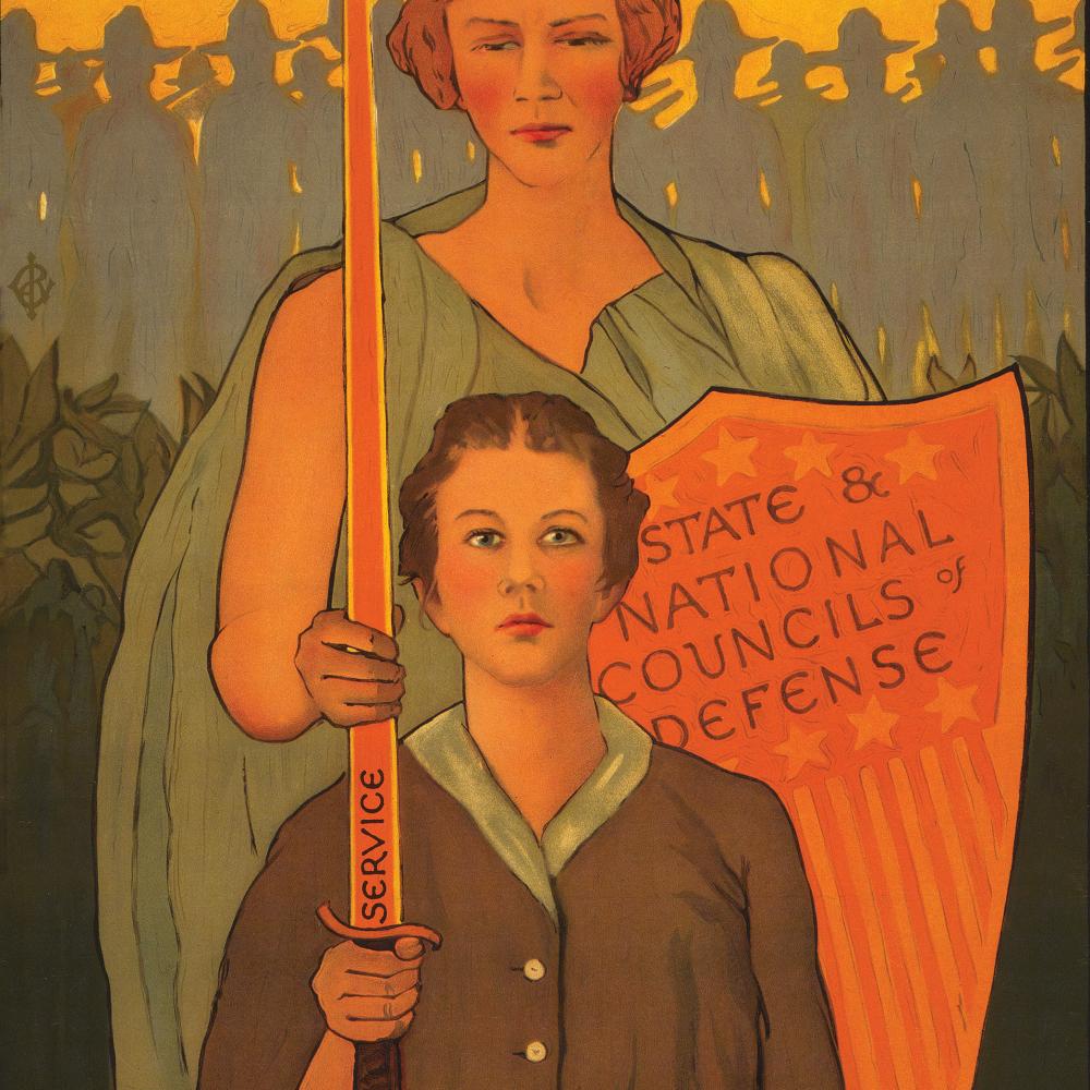 A colorful recruiting poster for World War I that states, "Woman, your country needs you!"