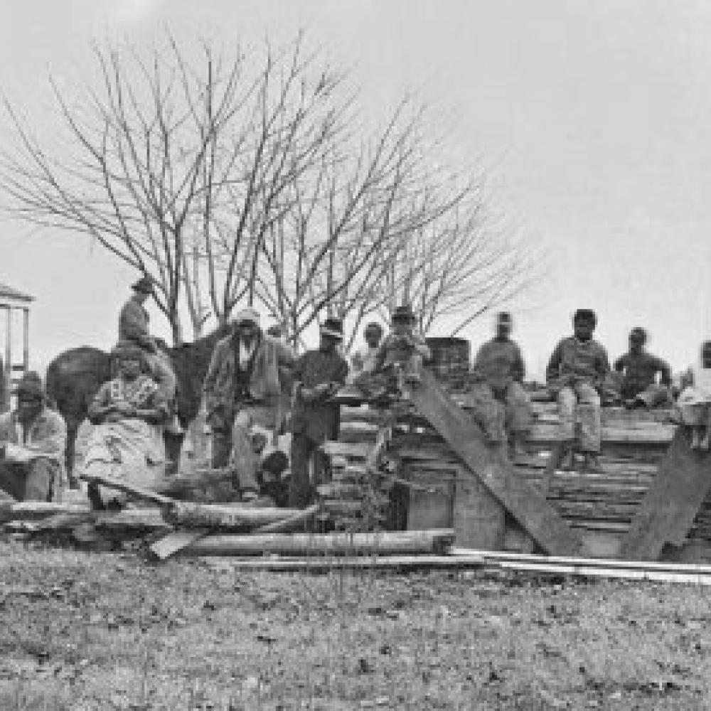 Black and white photo of a group of black boys sitting atop a large pile of lumber.