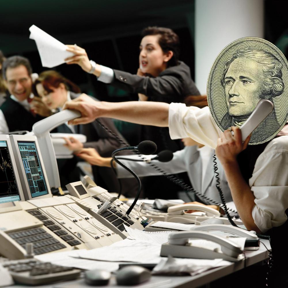 image of stock traders, Alexander Hamilton's head superimposed over one person