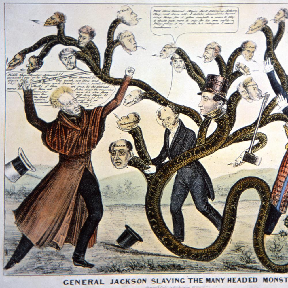 Political cartoon of Andrew Jackson battled a huge snake that has the heads of political opponents attached, while men, one in a black suit and the other in military dress, hold the snake