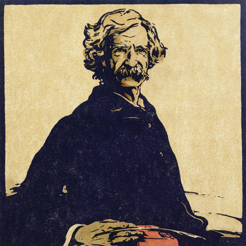 Twain in a dark overcoat, facing sidewards but with face turned toward the viewer, drawn in shades of yellow orange and brown