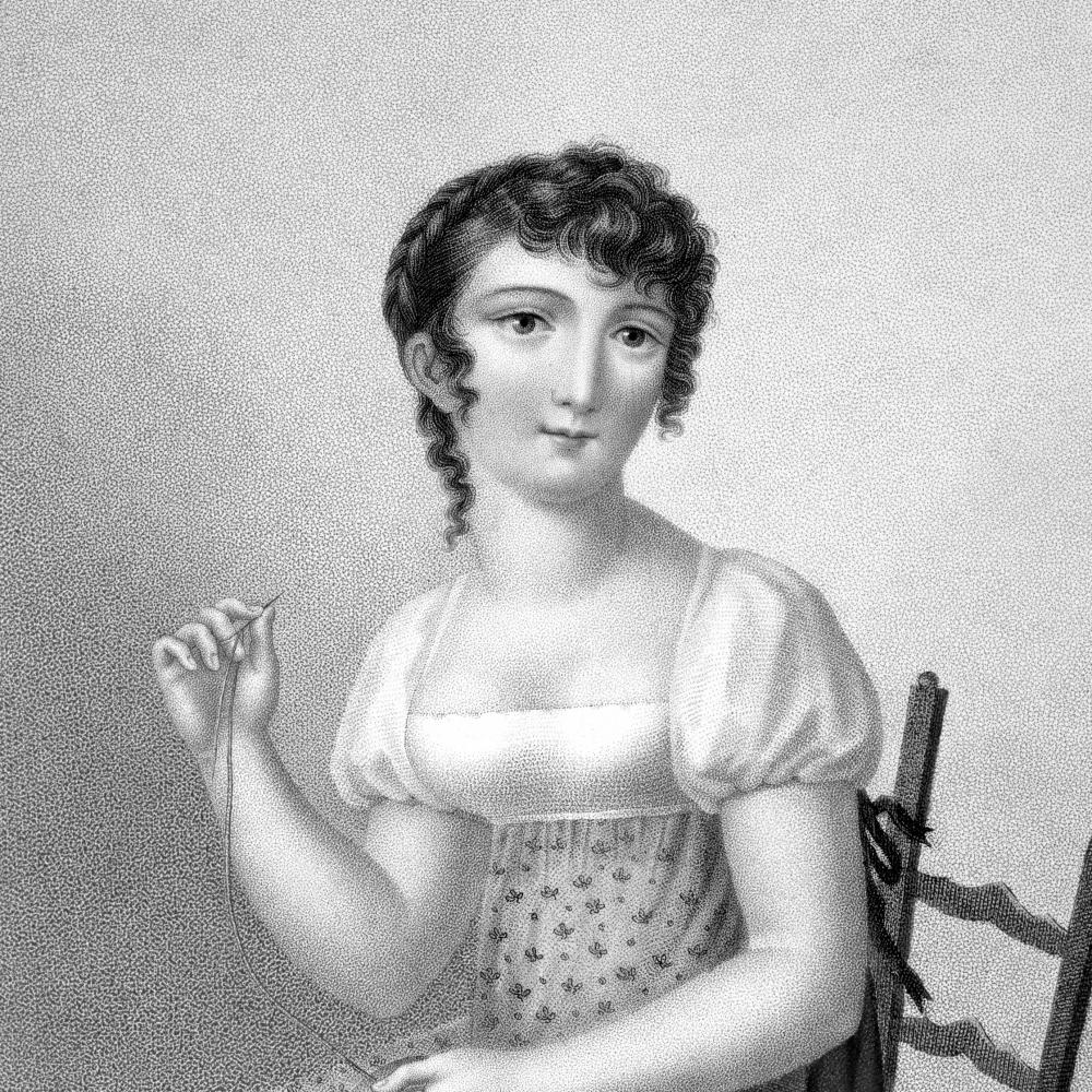 Drawing of a woman in a floral dress with puffed short sleeves, holding a sewing needle in her right hand and a shoe in her left