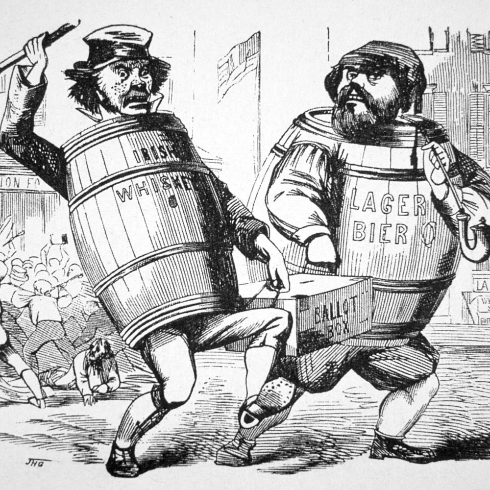 political cartoon of two men wearing barrels