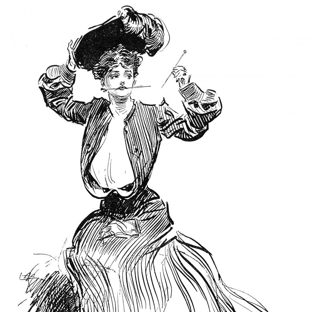 black and white drawing of a woman adjusting her hat