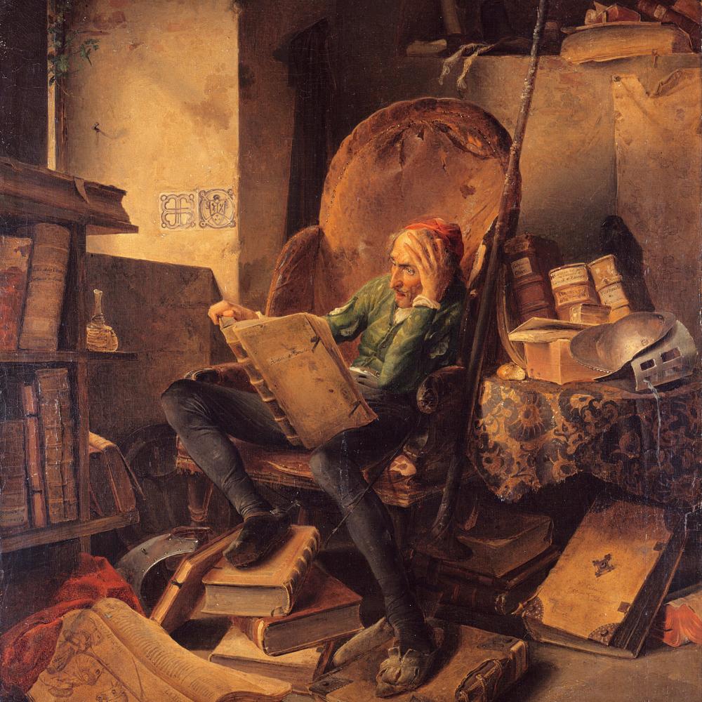 painting of a haggard man sitting in a chair reading a large book, surrounding by more books