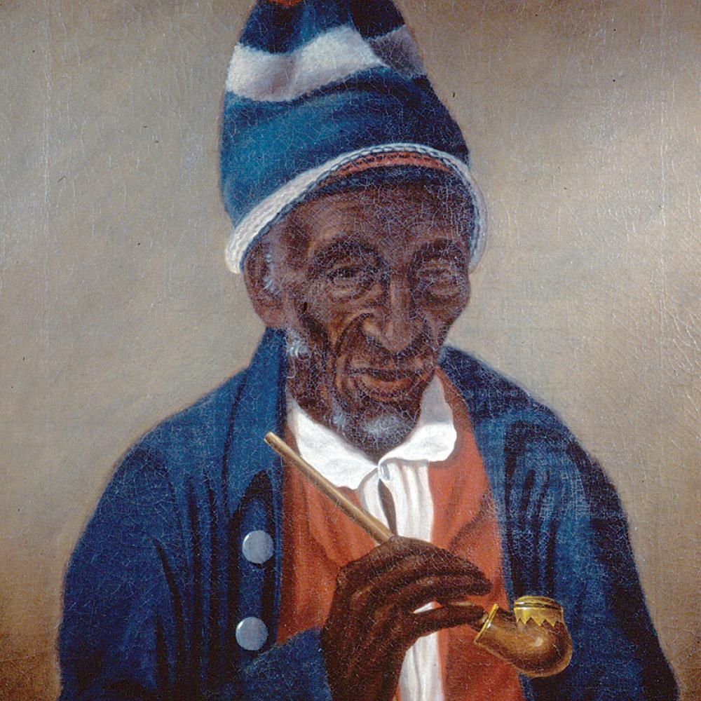 Oil painting of an African American man in a blue coat and hat with pipe