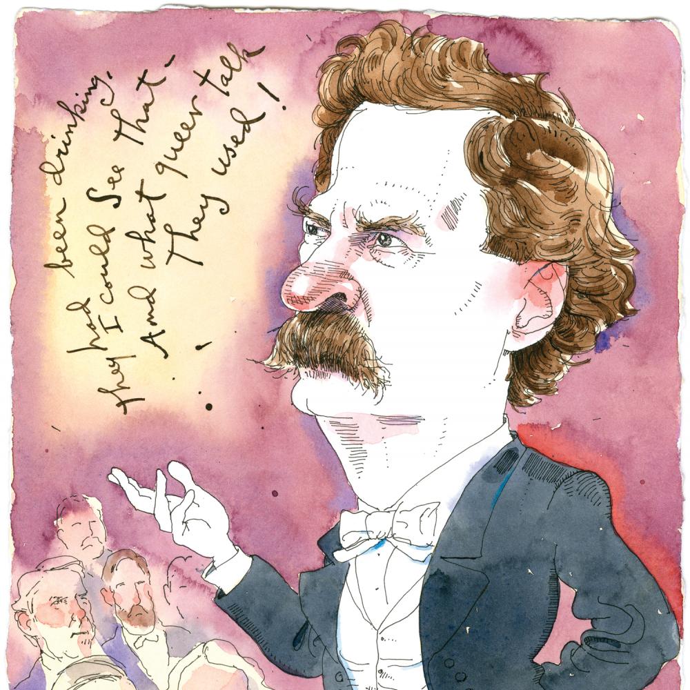 cartoon of Mark Twain standing and giving a toast