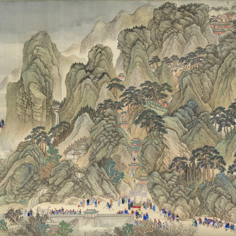 Illustration of green, tree covered mountains, dotted with small temples and houses, with people gathered at the base
