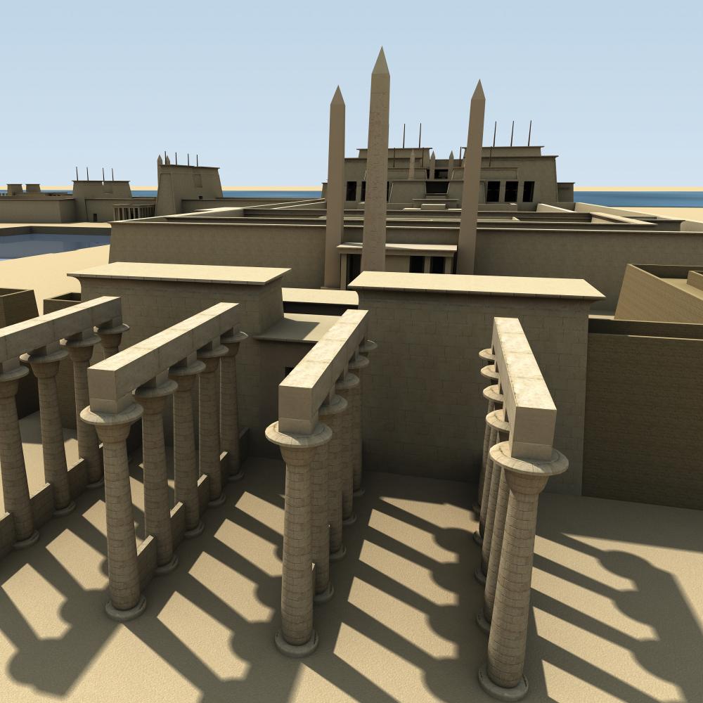 a digital rendering of four rows of stone columns, tall city walls, and a large building complex in the distance