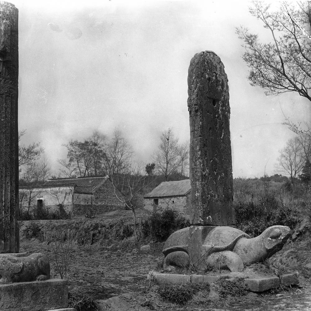 Ancient chinese stone steles and animal sculptures, crumbing in a grassy clearing