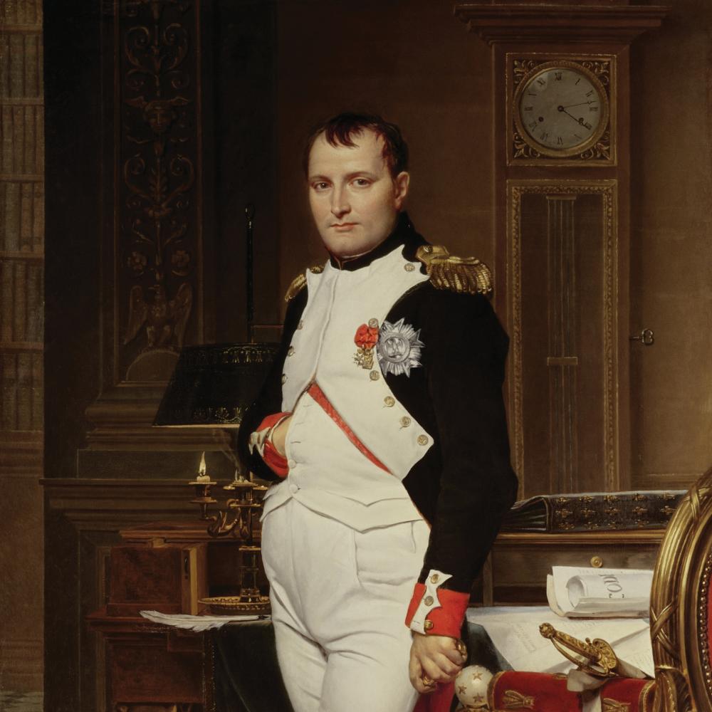 Napoleon, in full military dress, standing in his sumptuous study