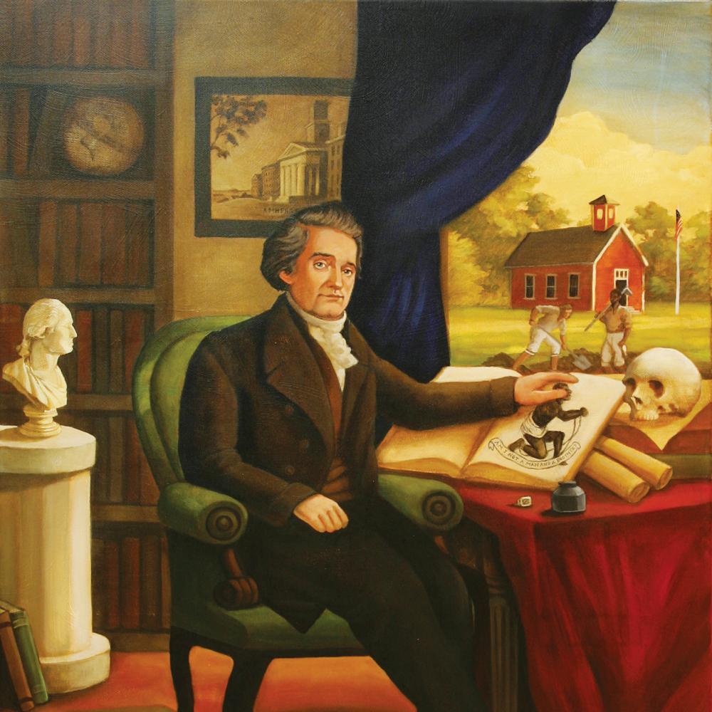 painting of a man sitting at a desk