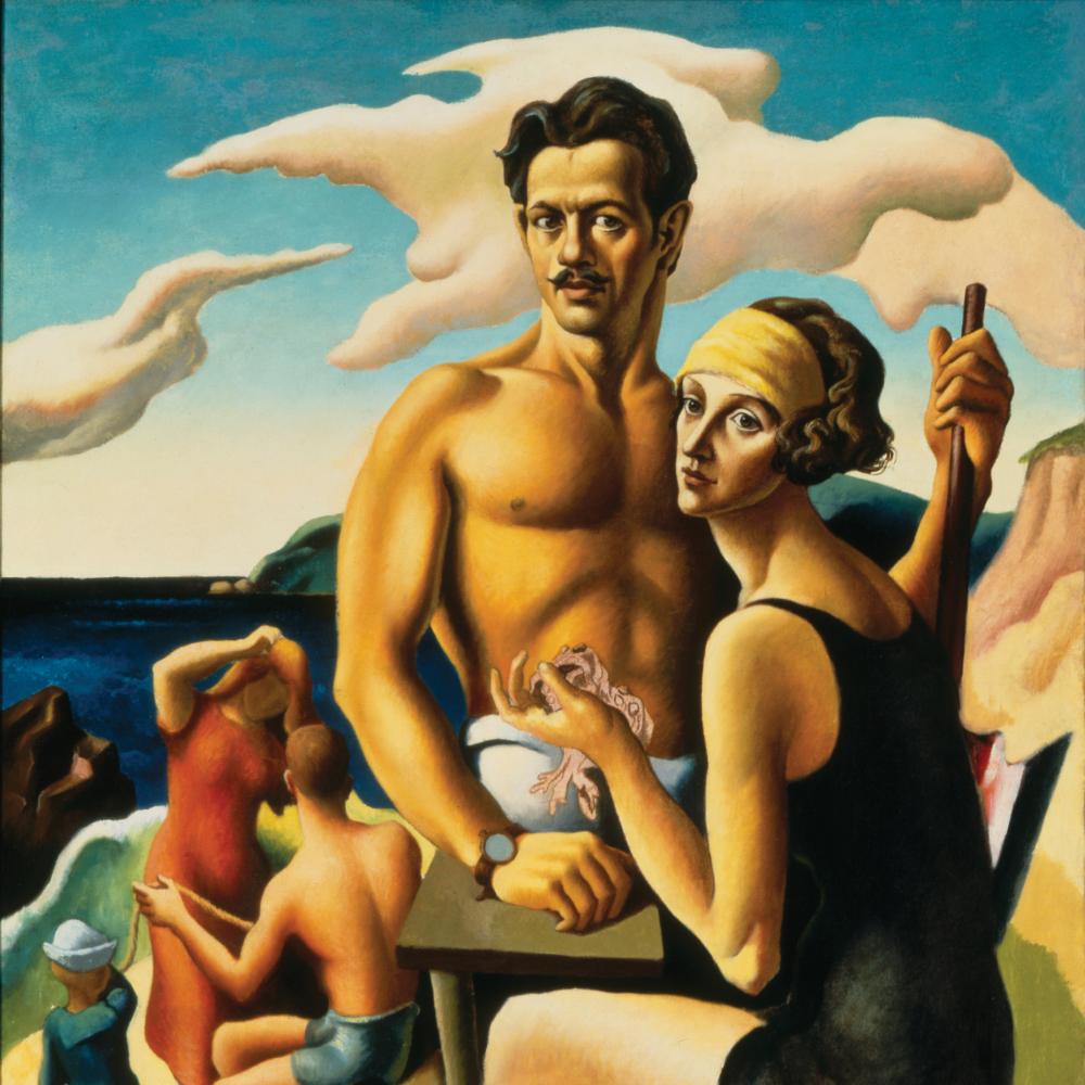 Painting of a shirtless man with a woman in black dress