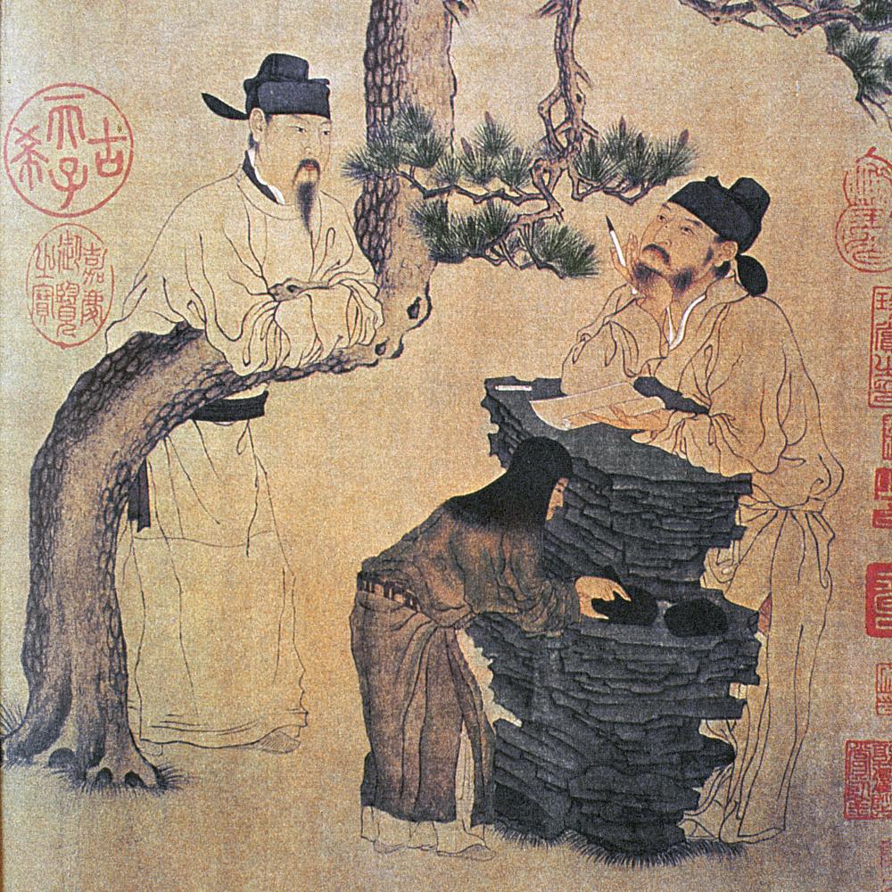 traditional Chinese drawing of two men talking