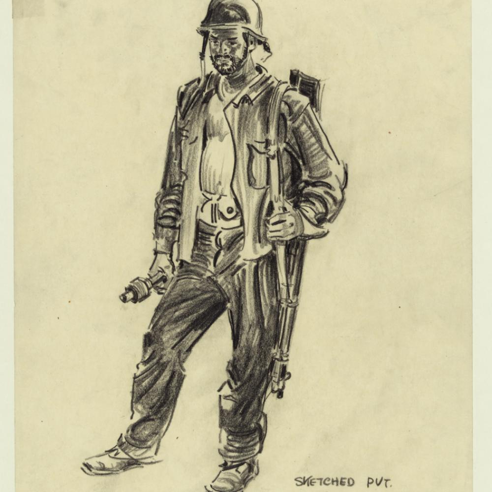Sketch on yellow paper of an American soldier circa 1942.