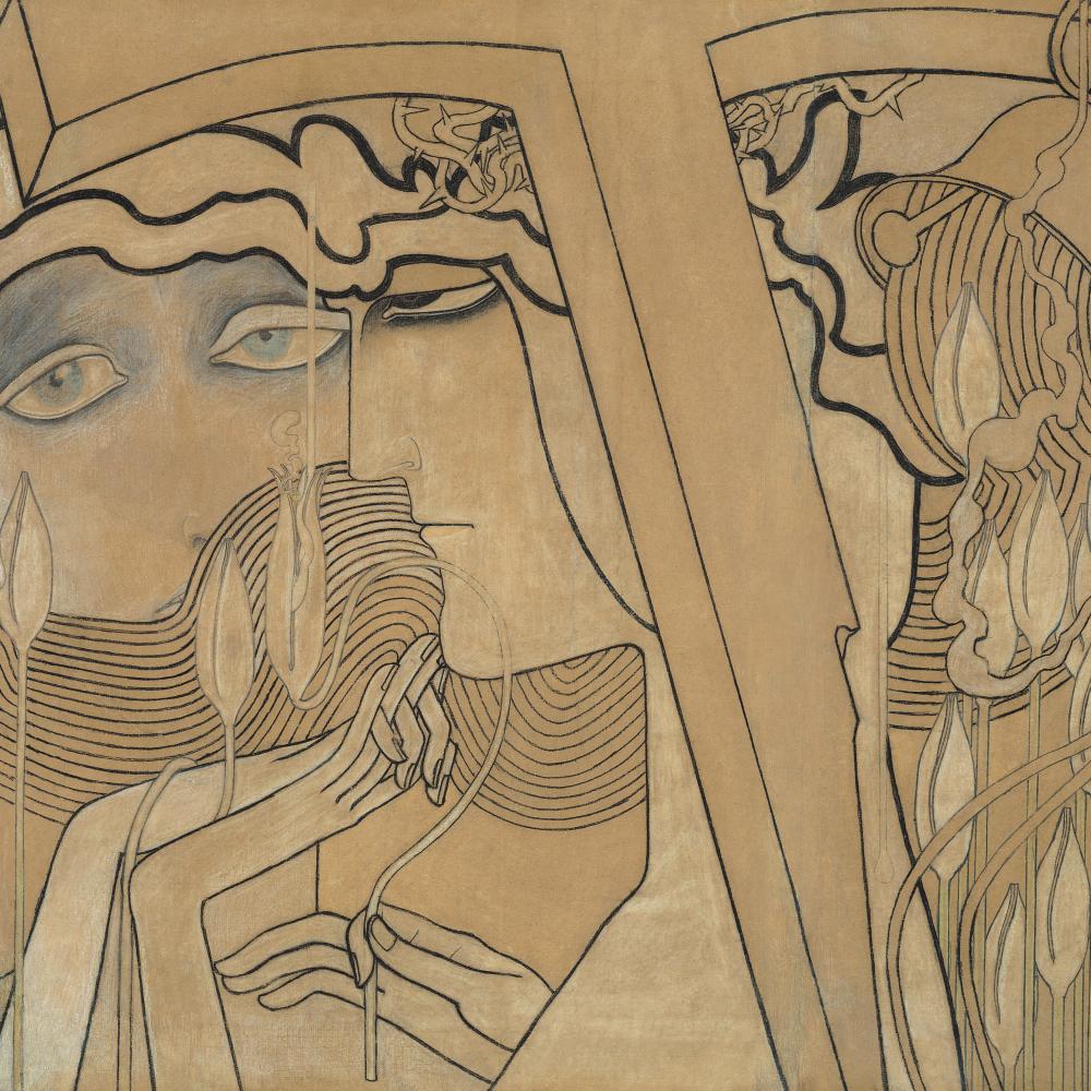 Brown / yellow painting by Jan Theodore Toorop depicting abstract faces.