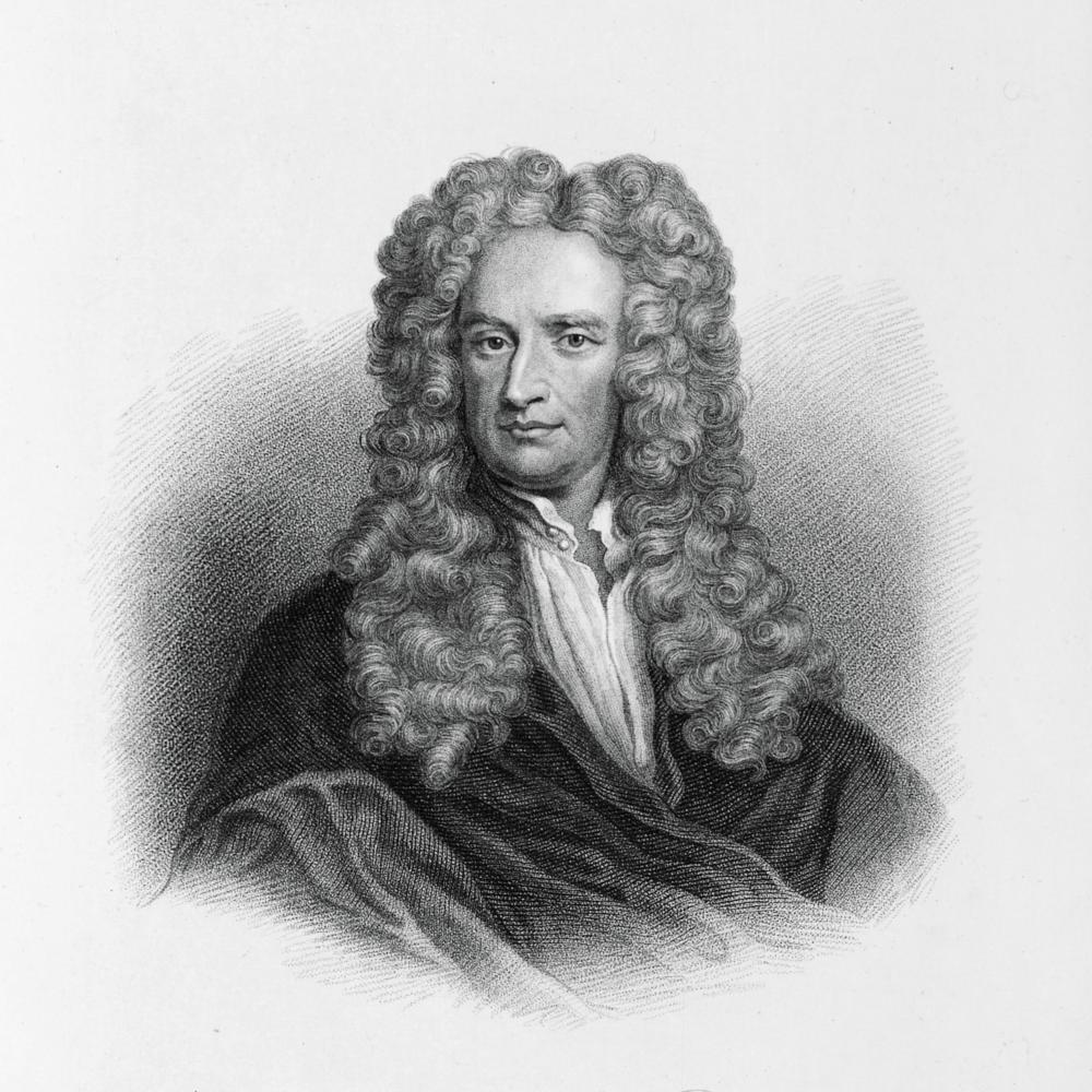 Black and white, drawn portrait of Sir Isaac Newton