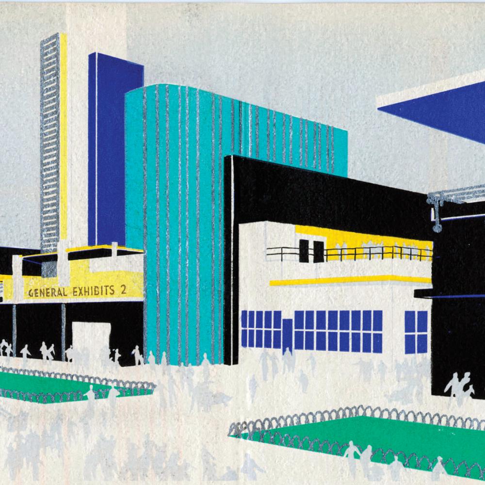 Stylized painting of the buildings at the Chicago Century of Progress Exposition.