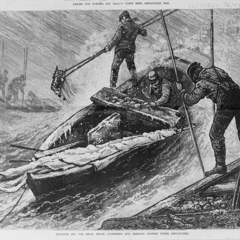 Engraving of men working on an oyster boat in choppy, stormy waters