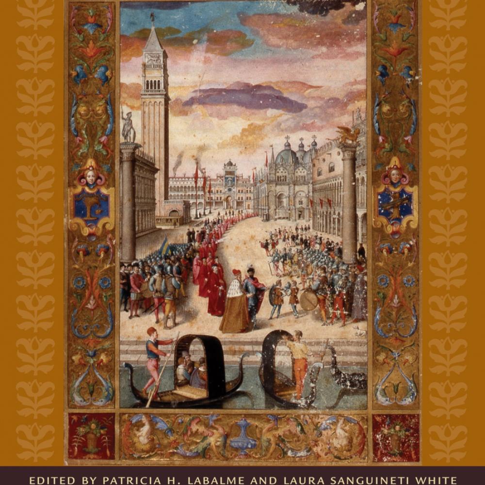 Book cover, showing an illustration of Saint Mark's Square in Renaissance Venice, filled with soldiers and noblemen