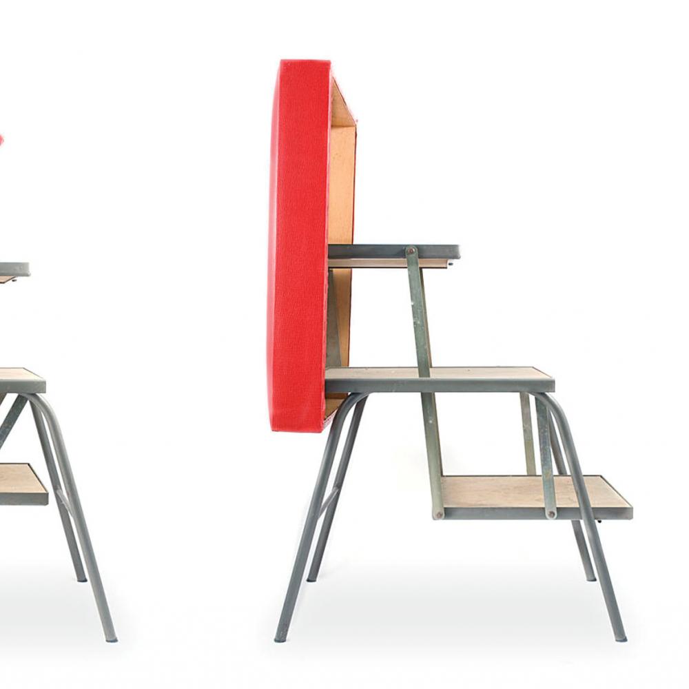 A step by step photo montage of a red plastic bench turning into a step stool