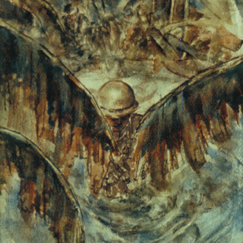 Watercolor painting of a soldier wading through water in a jungle setting.